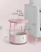 VASAGLE LILEA Collection - Side Table with Charging Station, Round End Table with Fabric Basket, Nightstand with USB Ports, for Living Room, Bedroom, Modern, Jelly Pink and Cream White ULET228R01
