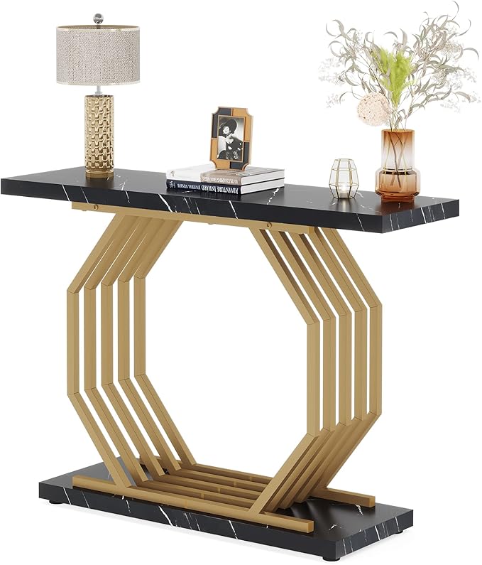 Tribesigns Gold Console Table, Faux Marble Entryway Table Narrow Sofa Table with Geometric Metal Base, 40 Inch Modern Accent Table Entrance Table for Living Room, Hallway, Foyer, Black
