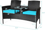 COSTWAY 2-Seat Patio Conversation Sets, Outdoor Patio Loveseat Set with Removable Cushions & Built-in Coffee Table for Backyard, Garden, Lawn, Balcony, Black+Turquoise