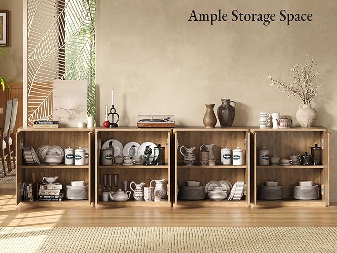 Evermagin 126" Oak Buffet Cabinet with Storage, Large Sideboard Cabinet, Boho Accent Credenza, Fluted Console Table with Doors for Dining Room, Kitchen, and Living Room