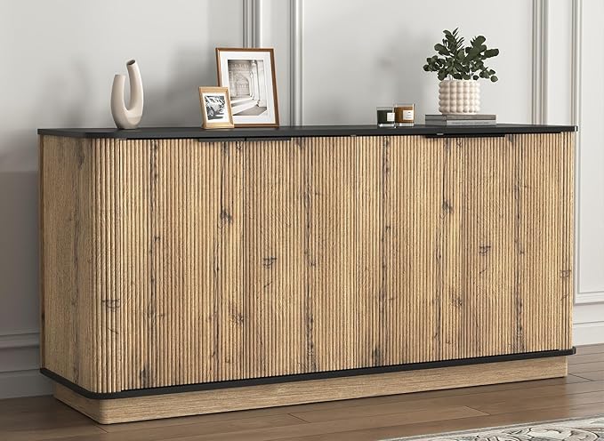 LKTART 55" Sideboard Buffet Cabinet with Storage, Wooden Fluted Storage Cabinet Sideboard with Adjustable Shelves Metal Rounded Corner for Kitchen Living Room (Natural)