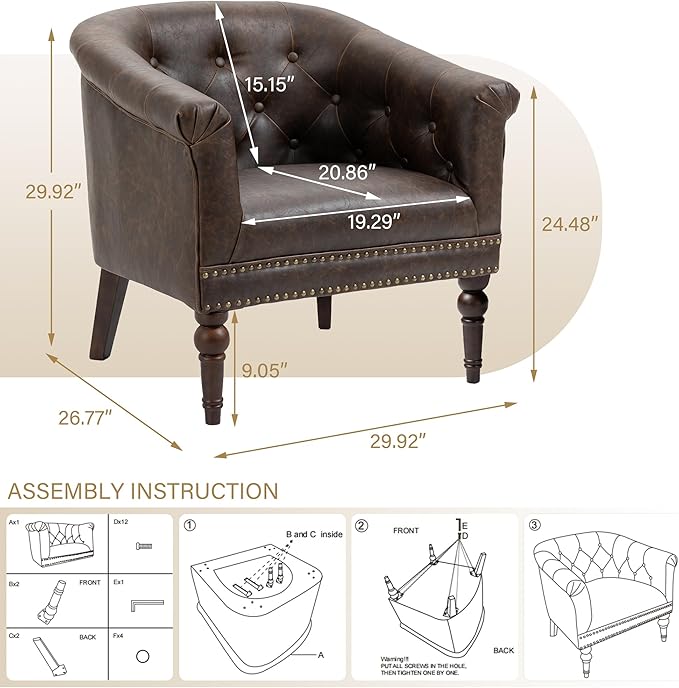 Pia Ricco Faux Leather Barrel Accent Chair, Comfy Club Armchair with Solid Wood Legs, Upholstered Single Sofa Chair for Living Room Bedroom/Reading Room, Chocolate