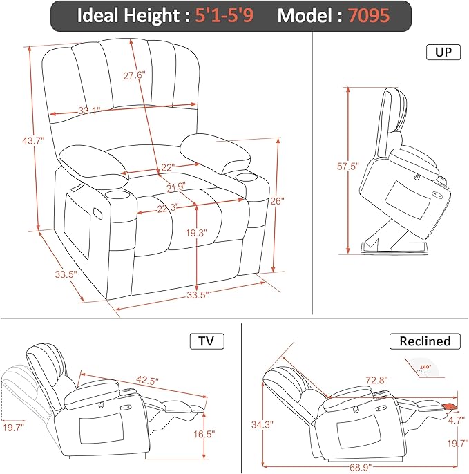 MCombo Power Lift Recliner Chair for Elderly, Lift Chair with Heat and Massage, USB &Type C Ports, Cup Holders, Faux Leather 7095 (Medium, Grey)