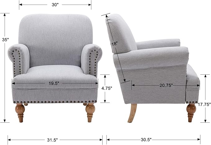 DM-Furnitue Wide Armchair Modern Linen Accent Chair Comfy Reading Chairs Upholstered Lounge Chair Single Sofa Couch for Bedroom/Living Room, Grey