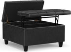 SIMPLIHOME Harrison 30 inch Wide Transitional Square Small Coffee Table Storage Ottoman in Distressed Black Vegan Faux Leather, Assembled, for The Living Room and Bedroom