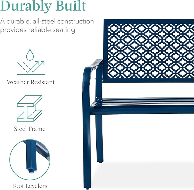 Best Choice Products Outdoor Bench 2-Person Metal Steel Benches Furniture for Garden, Patio, Porch, Entryway w/Geometric Backrest, 790lb Capacity - Peacock Blue
