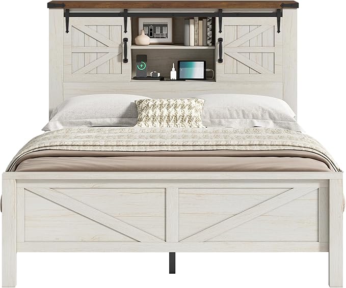 AMERLIFE Farmhouse Full Bed Frame, Rustic Wood Platform Bed Barn Door Storage Bookcase Headboard & Charging Station, Bedroom Furniture, No Box Spring Needed, Antique White
