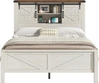 AMERLIFE Farmhouse Full Bed Frame, Rustic Wood Platform Bed Barn Door Storage Bookcase Headboard & Charging Station, Bedroom Furniture, No Box Spring Needed, Antique White