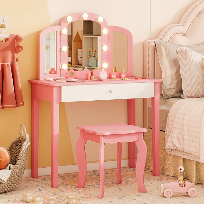 Costzon Kids Vanity, Girls Vanity Set with Mirror and Stool and Lights, Storage Drawer, Princess Toddler Makeup Vanity Desk Dressing Table, Wooden Kids Vanity Table and Chair Set (Pink)