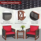 COSTWAY 3 Pieces Wicker Patio Furniture Set, Outdoor Wicker Sofa with Acacia Wood Frame, Coffee Table & Washable Cushions, Rattan Conversation Sets for Yard, Porch, Bistro, Balcony, Backyard, Red