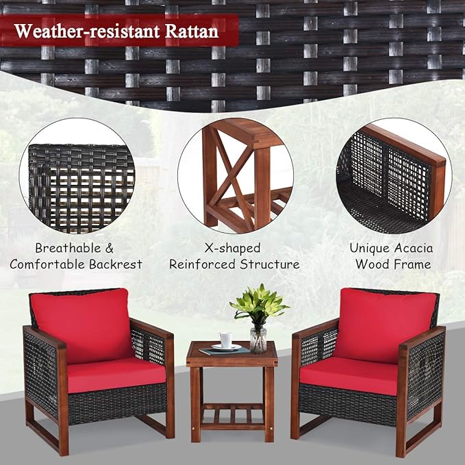 COSTWAY 3 Pieces Wicker Patio Furniture Set, Outdoor Wicker Sofa with Acacia Wood Frame, Coffee Table & Washable Cushions, Rattan Conversation Sets for Yard, Porch, Bistro, Balcony, Backyard, Red