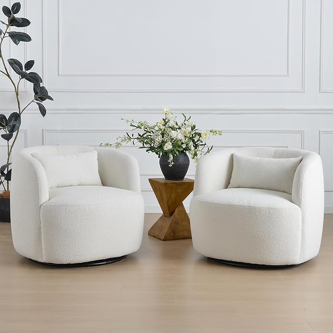 KINWELL 34" Wide Sherpa Swivel Barrel Chairs Set of 2, No Assembly Round Boucle Upholstered Accent Chairs Armchairs Single Sofa Chair with Toss Pillow for Living Room and Bedroom, Beige