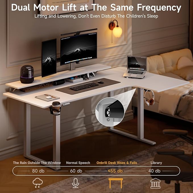 L Shaped Standing Desk, 71x43'' Electric L Stand Up Desk with 2 Adjustable Monitor Shelves, Dual Motor and Memory Controller, Adjustable Height from 28-46'' for Home and Computer Workstation, White