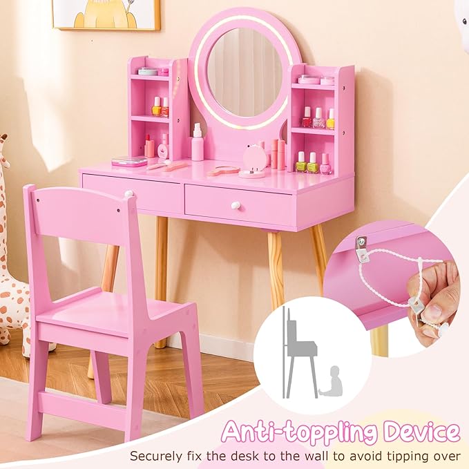 Costzon Kids Vanity, Girls Vanity Set with Mirror and Stool and Lights, Drawers, Storage Shelves, Wooden Toddler Makeup Vanity Desk Dressing Table, Kids Vanity Table and Chair Set (Pink)