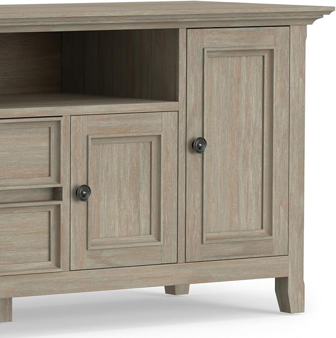 SIMPLIHOME Amherst 54-inch Wide Solid Wood TV Stand in Antique White, Transitional-Style Media Console for Living Room with Adjustable Shelves and Cable Management