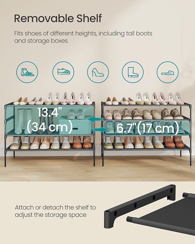 SONGMICS Shoe Rack, 4-Tier Shoe Storage Organizer, Space-Saving, 11.6 x 36.1 x 27.7 Inches, Entryway, Metal Frame, Non-Woven Fabric Shelves, Ink Black ULSH034BH01S