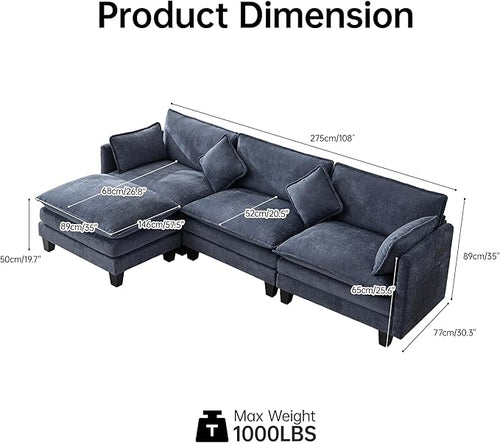 108" Modular Sectional Couches for Living Room with Ottoman, L Shaped Cloud Couch with Charger, USB & Type-c Port, Comfy 4 Seats Sofas with Deep Seat, Chenille Fabric, Blue