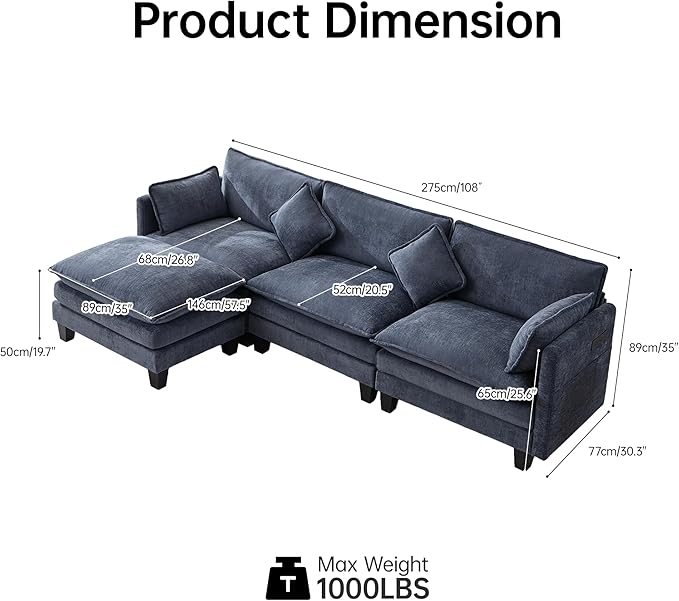 108" Modern L-Shaped Sectional Sofa with USB & Type-c Port Charger, Modular Cloud Couch, Deep Seating Chenille Fabric 4-Seater with Ottoman and Pillows for Living Room (Blue)