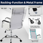Office Chair, Ergonomic Executive Conference Room Chairs, Ribbed Leather Desk Chair with Lumbar Support, Adjustable Height Mid-Back Swivel Chair (Square Tube Armrests, White)