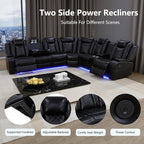 Power Reclining Sectional Sofa, Black Leather Couch with Recliners, Air Leather Sofa Couch with LED Lights/USB Port/Cup Holder for Living Room/Apartment/Office
