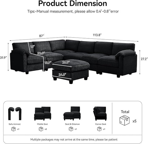 114'' V-Shaped Sectional Cloud Couch with Ottoman, 7-Seater Modular Couches for Living Room, Corduroy Oversized Deep Seat Sofa with Center Stitched, Black