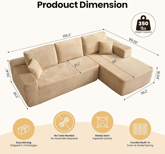104" Cloud Sectional Couch with Chaise, Boneless L-Shaped Cloud Couch with Deep Seat, Soft Plush Modern Minimalist Sofa, Assembly Free Comfy Sofa for Office Living Room Apartment(Beige, Right Chaise)