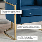 Velvet Modern Accent Chair, Upholstered Barrel Armchair Mid Century with Pillow for Living Room, Comfy Single Vanity Chair with Metal Gold Legs for Bedroom, Blue