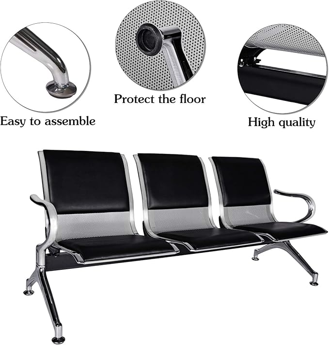 Kinsuite 3-Seat Waiting Room Bench - PU Leather Waiting Room Chairs with Arms & Non-Slip Foot Mats, Reception Chairs Guest Chair for Office Airport Bank Salon, Black