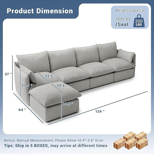 124" Cloud Modular Sectional Sofa, Waterproof Down Filled Sectional Couch, High Backrest L Shaped 4 Seater Couch with Ottoman, Modern Modular Sofas with Removable Cover, Light Gray