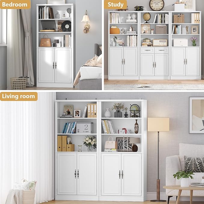 72'' Tall Bookcase with Doors, Adjustable Shelves, P2 MDF Construction, 32'' Wide Freestanding Cabinet with Metal Handles, Hidden Storage for Living Room, Bedroom, White
