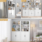 72'' Tall Bookcase with Doors, Adjustable Shelves, P2 MDF Construction, 32'' Wide Freestanding Cabinet with Metal Handles, Hidden Storage for Living Room, Bedroom, White