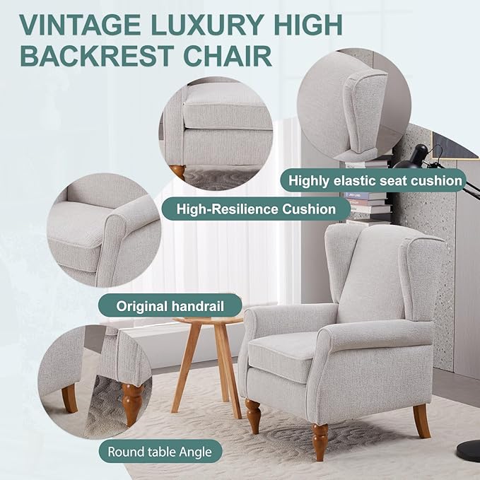 ZMAD Accent Chair, Upholstered High Back Floral Armchair Wood Legs, Comfy Wingback Reading Single Sofa Chair,Plus a Solid Wood Coffee Table for Small Spaces, Living Room, Bedroom (Beige)