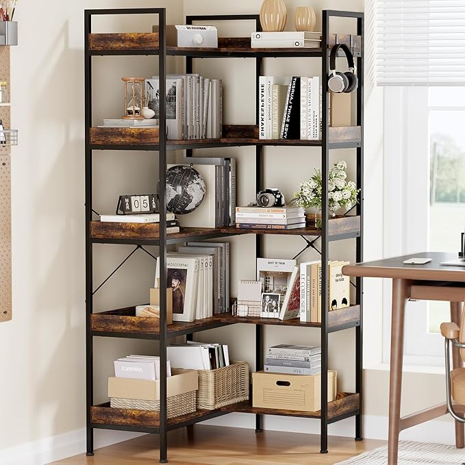 KOUSEI Bookshelf 5-Tier, L-Shaped Reversible Corner Bookshelf, 65" Industrial Wide Open Bookcase with Metal Frame and 4 Hooks for Living Room, Bedroom, Home Office, Rustic Brown