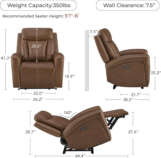 CHITA Genuine Leather Power Recliner Chair for Adults, Super Zero Gravity Recliner with Adjustable Power Headrest & USB/Type-C Ports, for Living Room, Bedroom & Home Theater, Cafe Brown