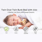 Twin Over Twin Bunk Bed with Slide,House Shaped Bedframe w/Ladder, Heavy Duty Low Bunk Bed Frame with Guardrail,No Box Spring Needed & Easy Assemble(Black)