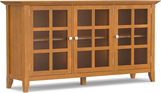 SIMPLIHOME Acadian SOLID WOOD 62 inch Wide Transitional Wide Storage Cabinet in Light Golden Brown for the Living Room, Entryway and Family Room