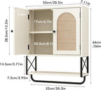 RUSTOWN Rattan Bathroom Wall Cabinet, Boho Over The Toilet Storage Cabinet with Arched Rattan Doors, Modern Medicine Cabinet with Adjustable Shelves & Towel Bar (Vintage White, Medium)