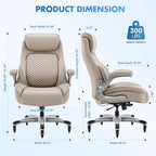COLAMY Office Ergonomic Desk High Back Executive Chair with Pop-Out Lumbar Support, Upgraded Casters, Adjustable Headrest, Flip-Up Arms, Leather Home with Thick Cushion for Comfort - Khaki