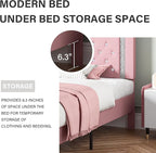 BarnFurin King Size Bed Frame, Faux Leather Upholstered Bed with Diamond Tufted Headboard, Modern King Size Bed with Wooden Slats Support, No Box Spring Required, Easy Assembly, Pink