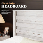 AMERLIFE Farmhouse Queen Size Bed Frame with 49" Fluted Headboard, Wood Platform Bed with Natural Grain, No Box Spring Needed/Noise Free, Distressed White