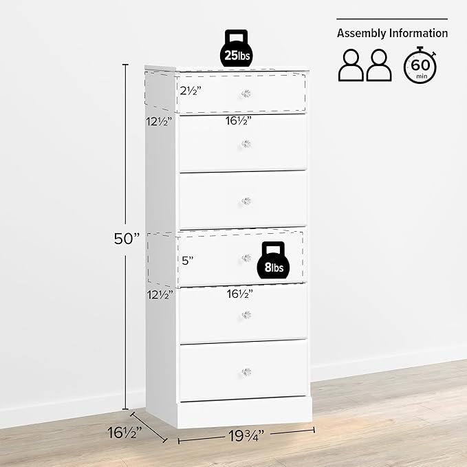 Prepac Astrid Simplistic 6-Drawer Tall Dresser for Bedroom, Functional Chest of Drawers with Acrylic Knobs, 16.5"D x 19.75"W x 50"H, Crystal White