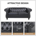 Faux Leather Sofa and Loveseat set, Mid Century Modern Upholstered Couch with Cushions, 2-Piece Home Sofa Living Room Furniture Sets, Comfy Tufted Chesterfield Couches for Bedroom, Office (Black)