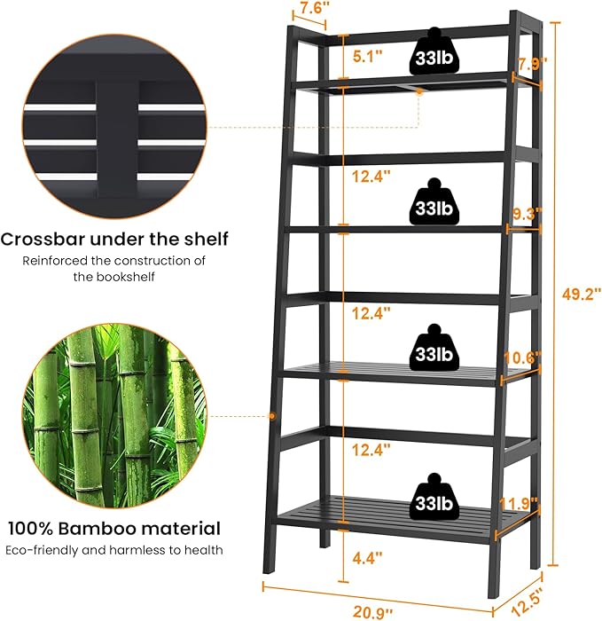 Homykic Bamboo Bookshelf 4-Tier Ladder Shelf, 49.2” Freestanding Open Bookcase Book Shelf Bathroom Storage Shelf Unit Plant Stand for Small Space, Living Room, Bedroom, Home Office, Black