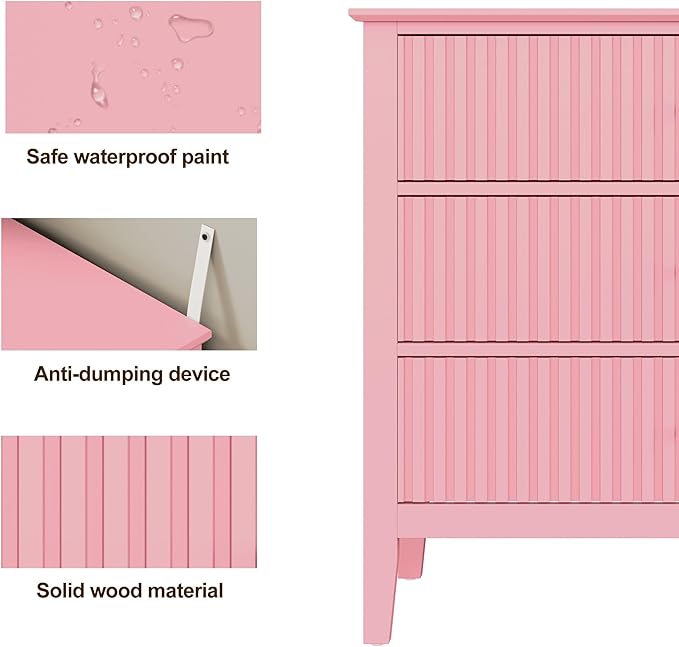 RoyalCraft Fluted 32 inch Wide Nightstand for Bedroom, Large Pink Nightstand with 3 Drawer, Modern End Table, Wood Beside Table for Home and Office