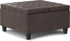 SIMPLIHOME Harrison 30 inch Wide Transitional Square Small Coffee Table Storage Ottoman in Distressed Brown Vegan Faux Leather, Assembled, for The Living Room and Bedroom