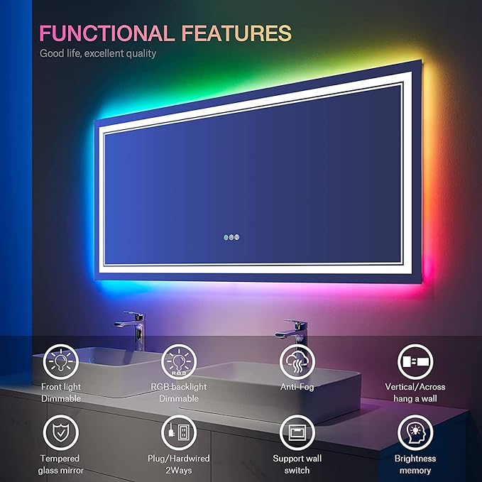 72x36 inch LED Bathroom Mirror with Lights Backlit RGB Color Changing Lighted Mirror for Bathroom Wall Dimmable Anti-Fog Led Mirror (RGB Multicolor Backlit + Adjustable Front-Lighted)