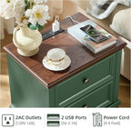 Farmhouse Nightstand with Charging Station, Rustic Low Night Stand with 2 Drawers, Mid-century Modern End Table with 4 Square Solid Wood Legs, Small Vintage Dresser for Bedroom, Home, Green