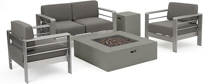 Christopher Knight Home Cape Coral Outdoor Aluminum Chat Set with Fire Table, Khaki / Light Grey