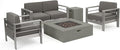 Christopher Knight Home Cape Coral Outdoor Aluminum Chat Set with Fire Table, Khaki / Light Grey