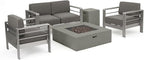 Christopher Knight Home Cape Coral Outdoor Aluminum Chat Set with Fire Table, Khaki / Light Grey